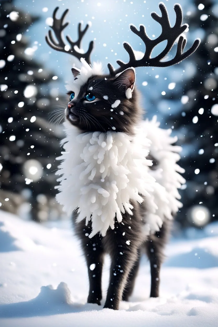 Create a white black Fluffy reindeer Mixed with a kitten in the Snow playing in the background is snowing