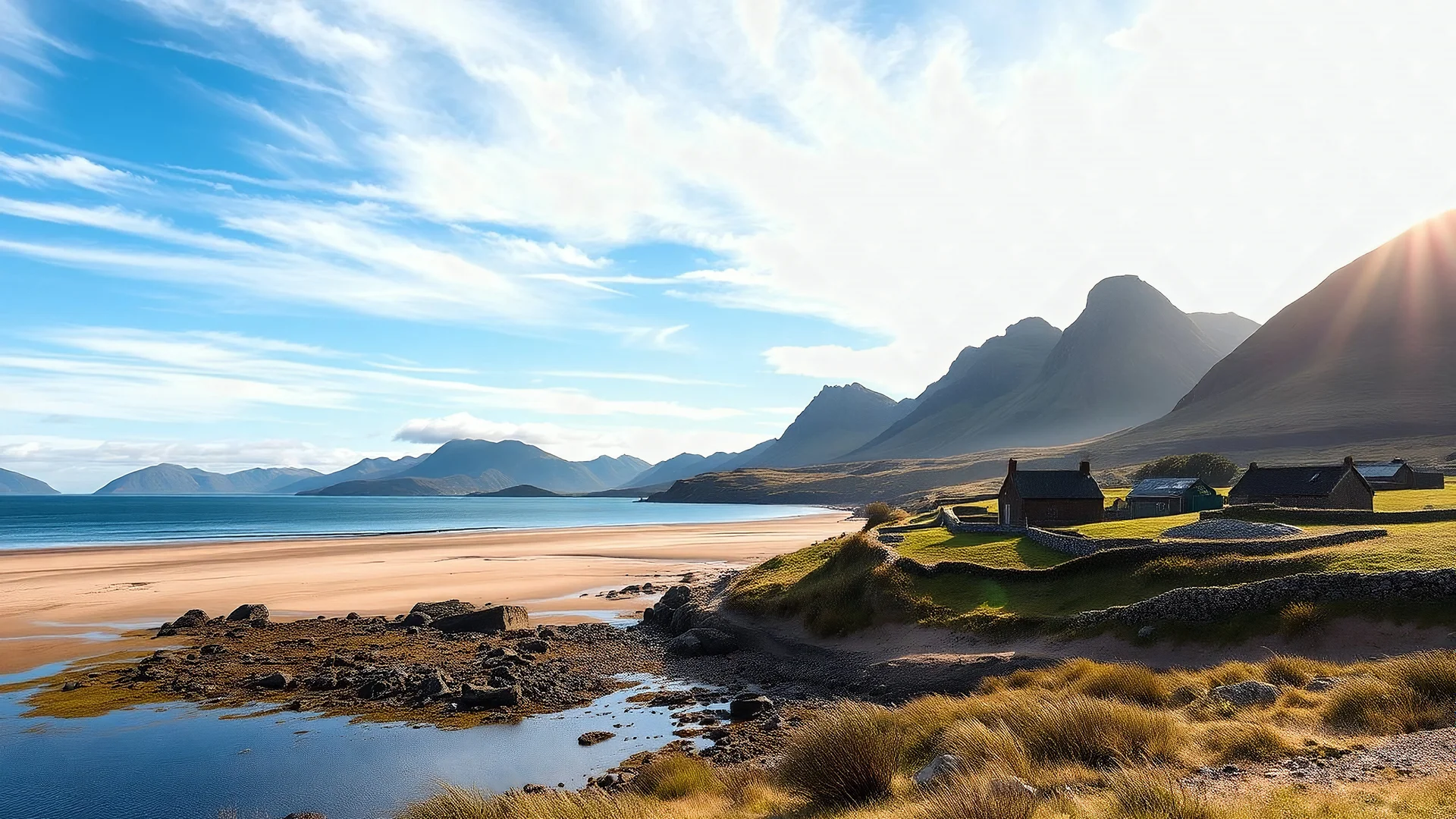 2117. View on the Scottish island of Eigg, with beautiful sky, early morning spring sunshine, traditional croft, coast, sandy beach, sea, Rhum, craggy mountains, croft, calm, peaceful, tranquil, beautiful composition, exquisite detail, 80mm lens, lucid colour, clear air, islands, foreshore