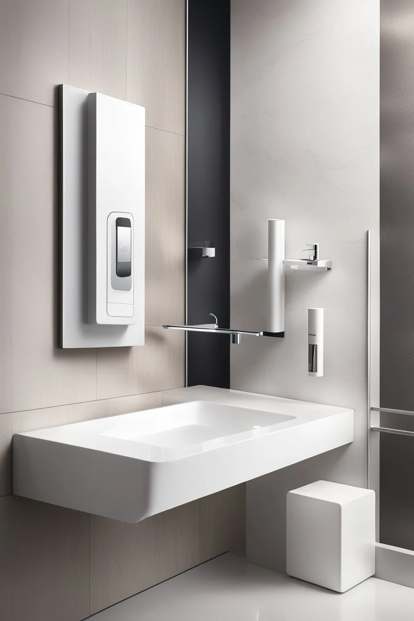 create poster of an elegant and sleek bathroom design, with a futuristic touch, showcasing a wall-mounted automatic soap dispenser next to a sleek contemporary wash basin cabin. The dispenser releases a stream of liquid soap, captured mid-air, while a hand reaches out to catch it. The overall style is modern and minimalistic, with clean lines and a monochromatic color palette. The image is captured using a high-resolution camera to highlight the intricate details of the design. This poster would