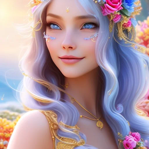 Beautyful smiling young woman, long hair amazing blue eyes, flowers, happy cosmic, bright colors, blue, pink, gold, jewels, realistic, photo real, clear sunny background, highly detailed, high contrast, 8k high definition, unreal engine 5, extremely sharp detail, light effect, sunny light background