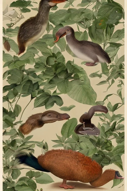 John James Audubon-like illustration of a fully uncropped Dodo bird and a Platypus in a chinoiserie landscape