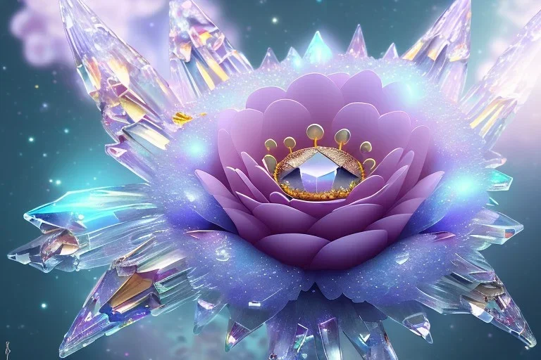 one big crystal subtle flower in a galactic ambiance of the sky, transparent petals, delicate colors, in the foreground, with a little beautiful fairy, full of details, smooth, bright sunshine，soft light atmosphere, light effect，vaporwave colorful, concept art, smooth, extremely sharp detail, finely tuned detail, ultra high definition, 8 k, unreal engine 5, ultra sharp focus