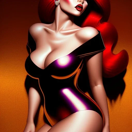 portrait oil on canvas, beautiful busty Jessica Rabbit , intense stare,minimal skintight RED latex dress, realistic, intricate detail , masterpiece, volumetric lighting, Sharp Contrast, highly detailed ,cinematic , deep colours , 8k, in the style of Adam Hughes