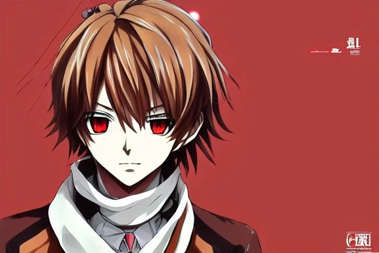 Detailed pretty anime boy, brown hair with blonde strips, keep head in frame, headshot, glaring, brown eyes, covered in bandages, looking serious, illustration, digital painting, only one character, color scheme red, wearing many bandages, Osamu Dazai inspired, anime inspired, manga, dazai, red hair, Chuuya, pretty, scruffy, angry, brooding, manga inspired, small nose, long lower eyelashes, handsome, widows peak, headshot, glaring, cute, wearing a bandage on neck, small nose, scruffy hair