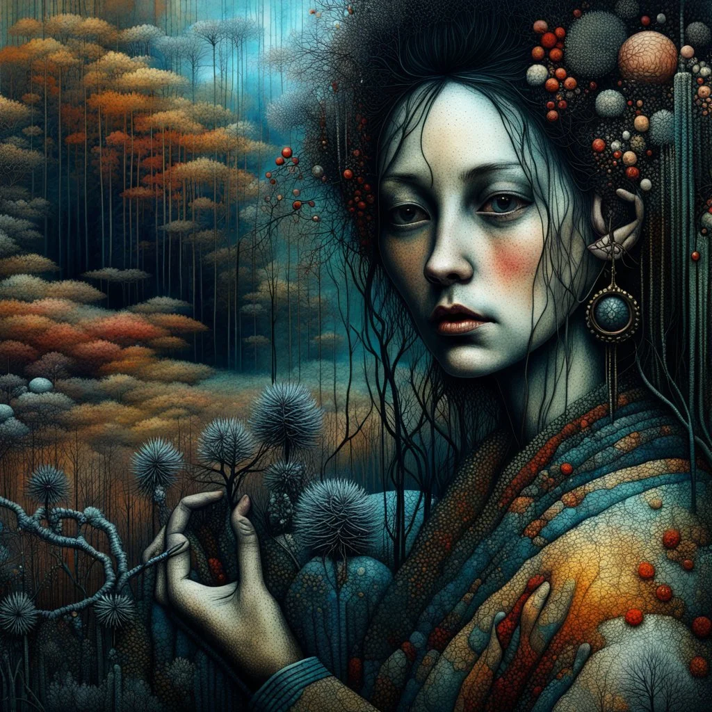 Richly textured Hieronymus Bosch, Catrin Welz-Stein, William Turner, Zdzisław Beksiński, Jacek Yerka oil on canvas zentangle line art style mix, surreal frosted fantasyland winter oceanscape, hoarfrost on trees, high grasses, snow and cottages, withered flowers, pale sunrise; paint splatter, beautiful vibrant colors, reflections, SK, flying seagulls, dramatic clouds, snowfall.