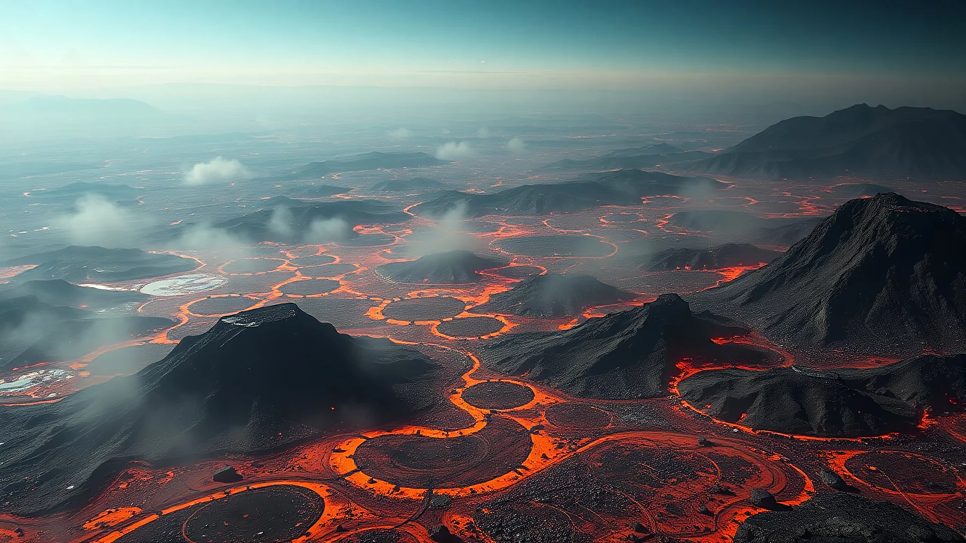 aerial view of a landscape covered in ash and grease that looks futuristic with futuristic lighting, horizon, realistic rendering