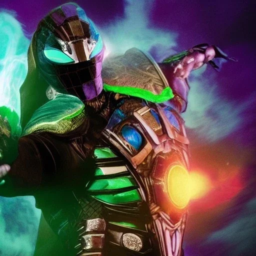 Bruce Campbell as Mysterio, Marvel, Green mist, dead spider man, MCU Multiverse, Zombie Avengers, Purple Background, Green clouds, Wearing helmet, Mist in helmet, Evil Dead Cabin, Necronomicon Book,