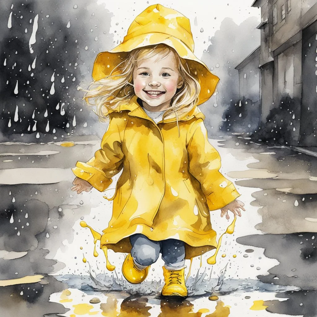 medium stroke watercolor and ink illustration, adorable smiling little blonde girl in a yellow raincoat hat and galoshes that are too big for her, splashing in puddles after a rainstorm, color splash, splash art, yellow color pop, complex contrast, kinetic, reflective