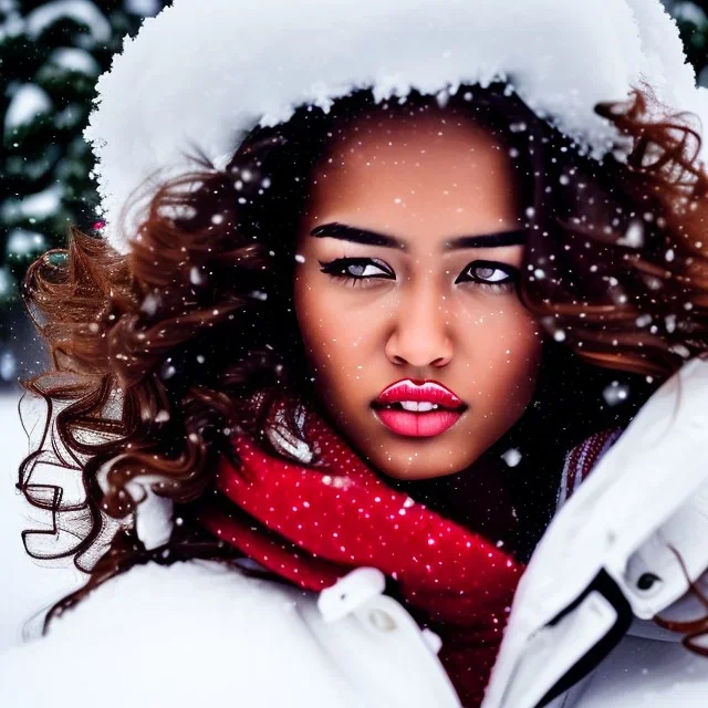 Crying girl, sad, expressive, emotive, frowning, furrowed eyebrows, pouting lips, African American, curly hair, looking out window, blizzard, snow, red sweater, delta sigma theta