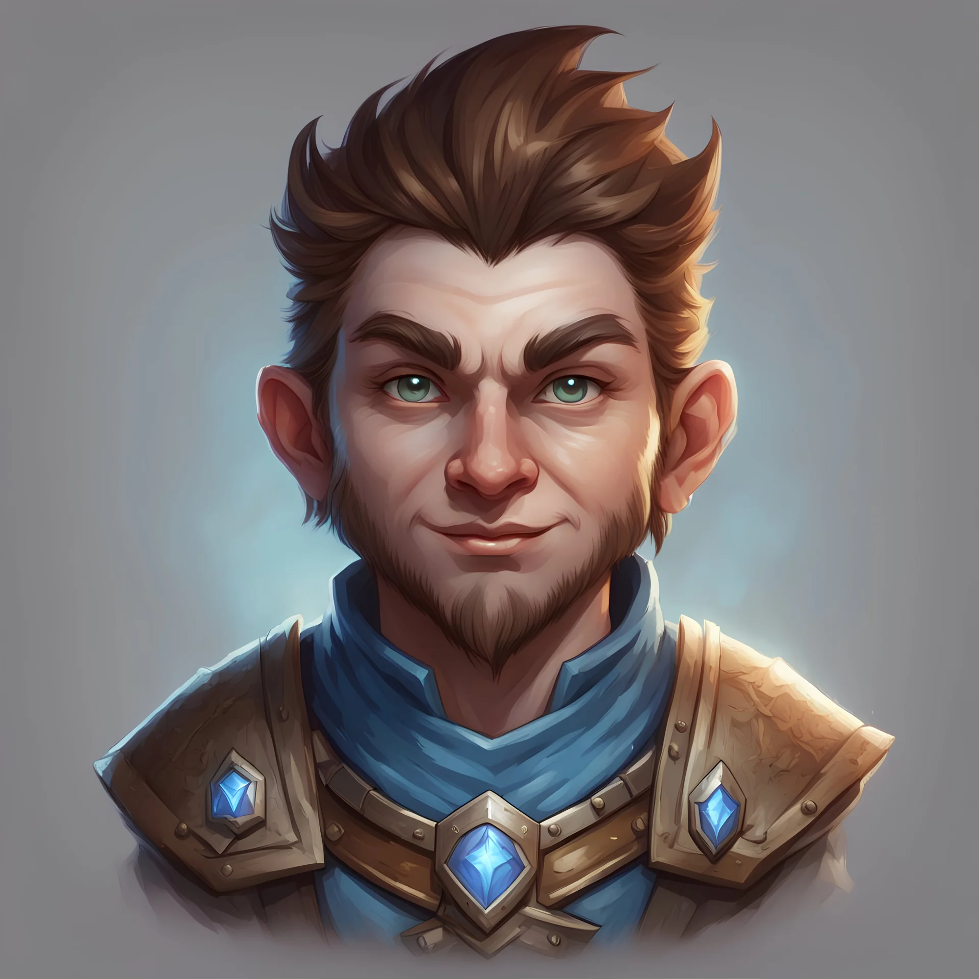 Generate a dungeons and dragons character portrait of the face of a male paladin rock gnome blessed by the god Lathander. He is a tailor. He has brown hair and brown eyebrows, eyes are blue, he is friendly