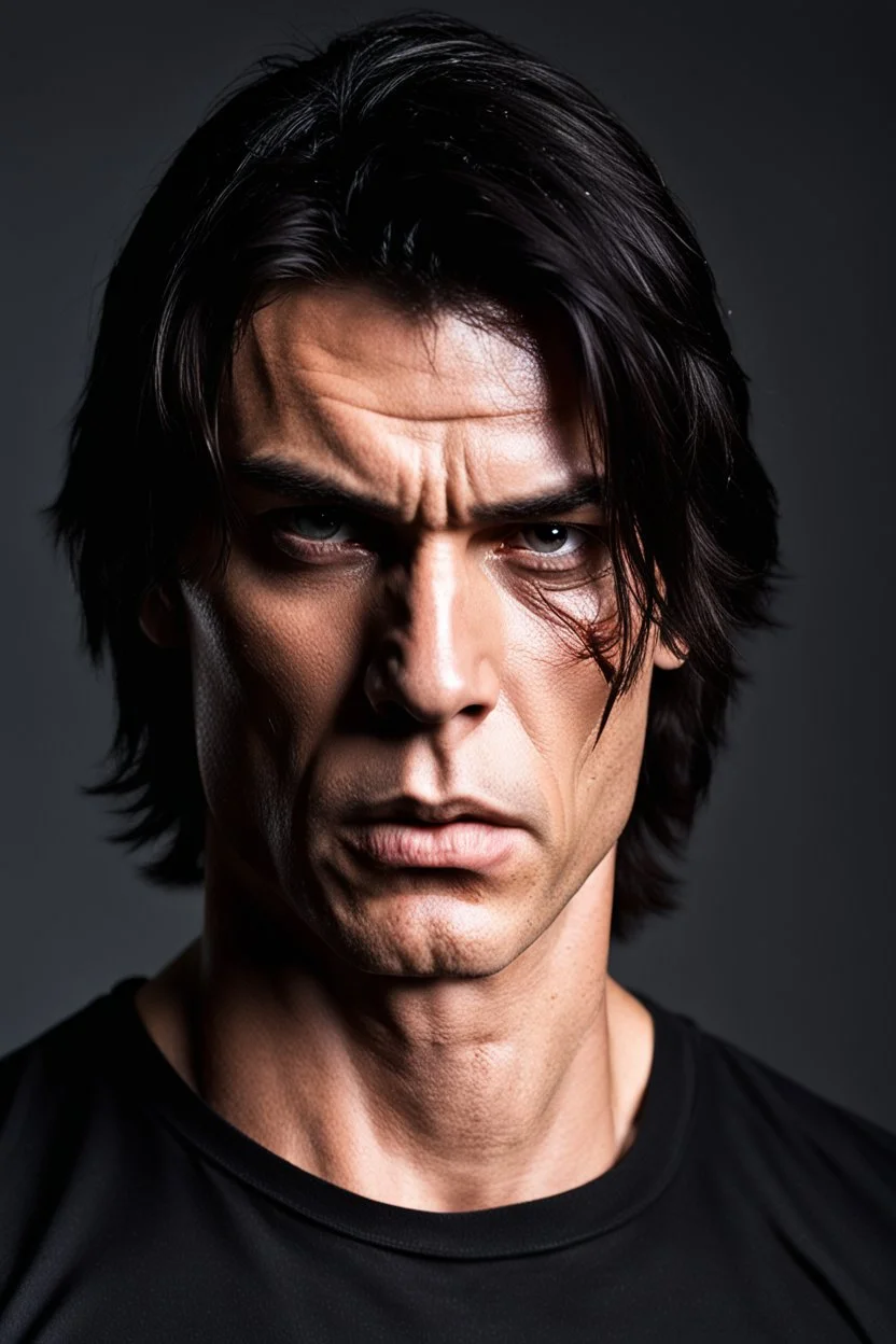 35 year old muscular evil male with medium length dark hair. scarred face. scowling expression, wearing a black teeshirt