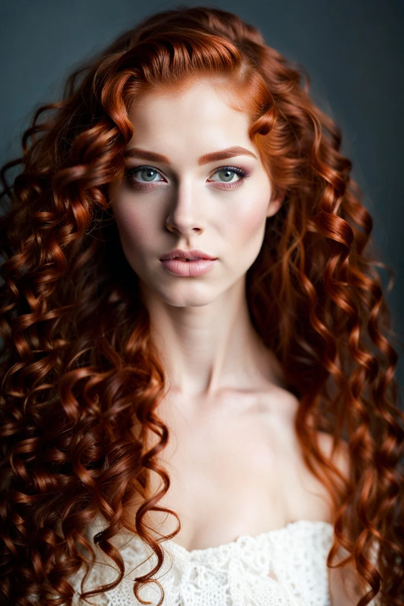 portrait of a 18 year old beautiful woman with long curly red hair