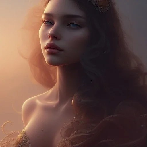 Brasilian princess , cute, beautiful, long hair, wavy hair, black eyes, head and shoulders portrait, cinematic, 8k, resolution concept art portrait by Greg Rutkowski, Artgerm, WLOP, Alphonse Mucha dynamic lighting hyperdetailed intricately detailed