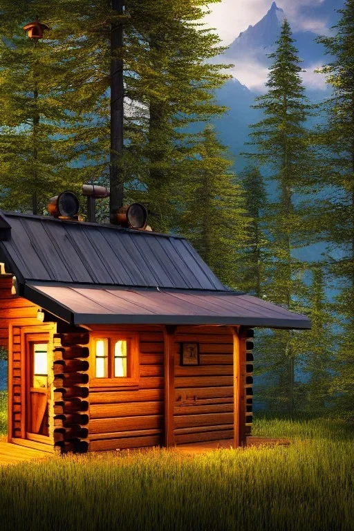 hyper detail, 4k, high quality, small wooden cabin, flowers, steampunk, cinematic lighting, mountain, photo realistic,