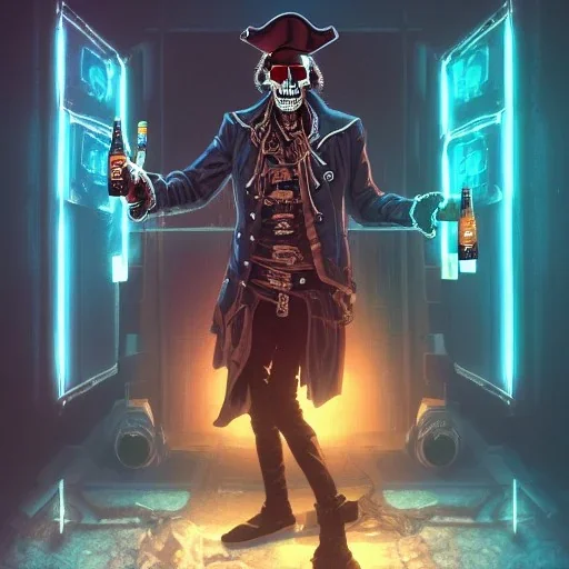 a cyberpunk hacker pirate captain skeleton holding a beer glass with a pirate hat sitting in front of a huge old crt monitor in a dark room , only light coming from crt monitor, highly detailed, intricate, digital art, trending on artstation, trending on cgsociety, by greg rutkowski