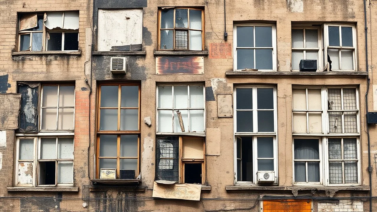 This is a mixed-media artwork depicting a collage of windows and architectural details of an old building. The composition creates a fragmented and layered impression of urban decay and history.
