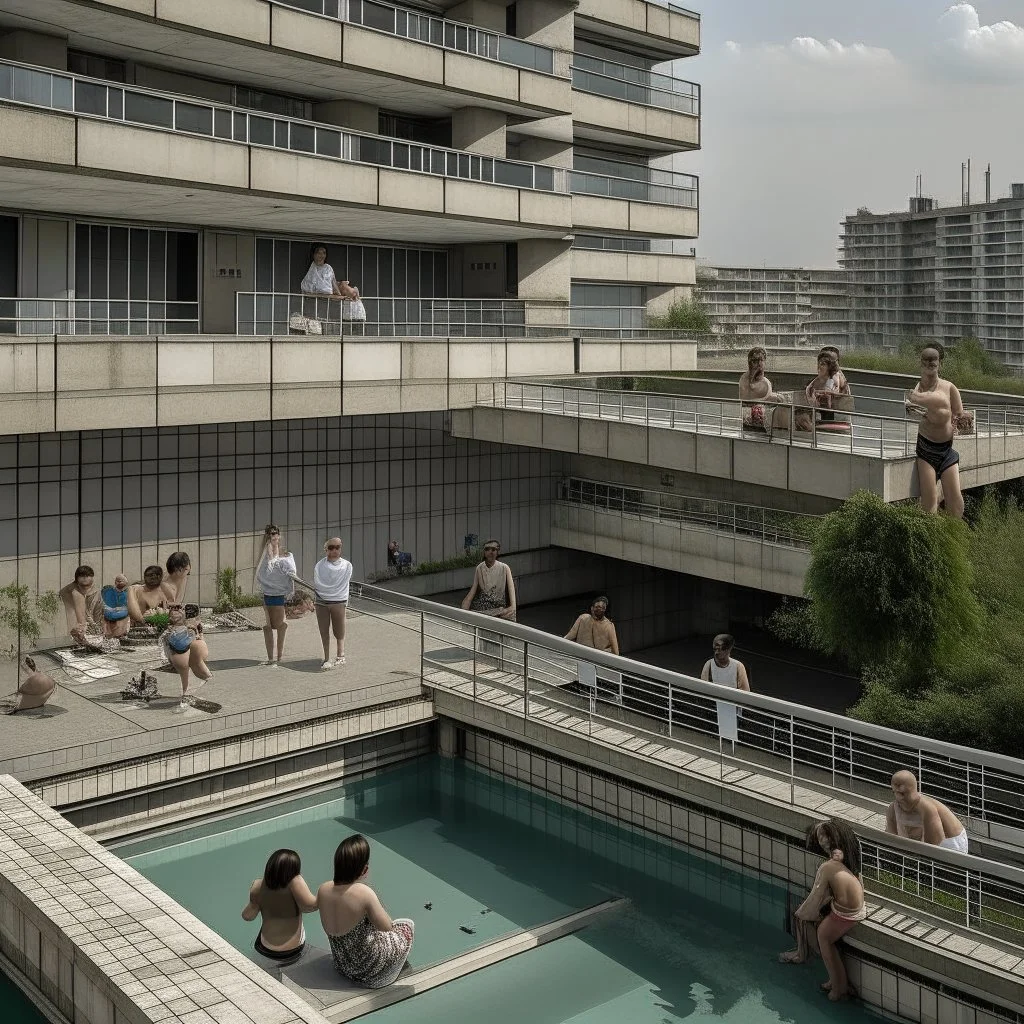 Several people of different genders, ages and races participate in different activities on the balconies and ledges of a brutalist concrete building with a swimming pool at the bottom, overlooking a dense urban city