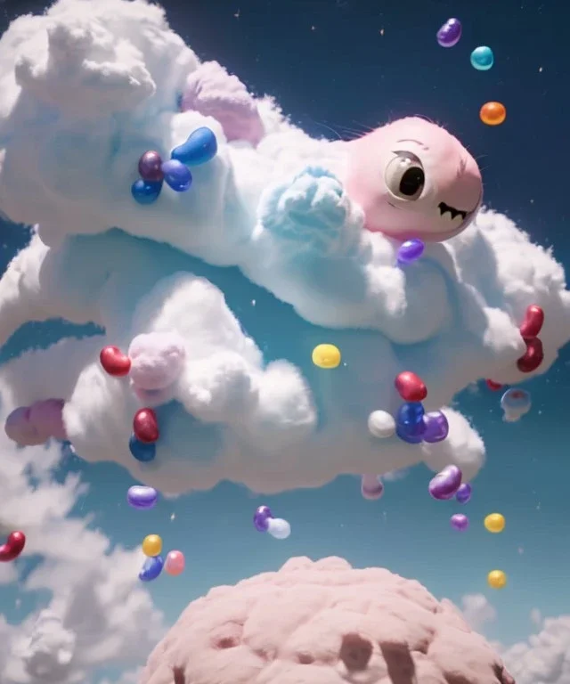 Ultra realistic clouds sky scene, medium shot view, portrait, sweet Childs, free jumping flying, trinkets, monster hair, jelly beans, balls, smile, happy, Wes Anderson style, inflatable color clothing, extreme, wind, clouds sea, 20,000 feet altitude, stratosphere, soft color, highly detailed, unreal engine 5, ray tracing, RTX, lumen lighting, ultra detail, volumetric lighting, 3d, finely drawn, high definition, high resolution.