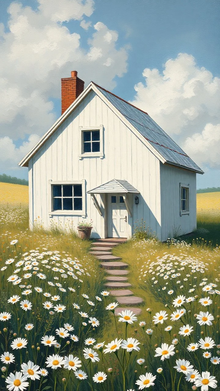 A house made out of white fathers designed in a field of white wild flowers paintings painted by Paul Ranson , Busch painting style