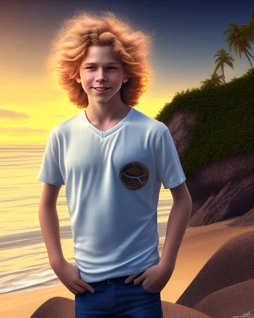 full length photograph of a beautiful 12 year old boy with long, blonde curly hair and light blue eyes, smiling, in front of a beach in sunset, highly detailed, smooth, photorealistic, digital art, HDR