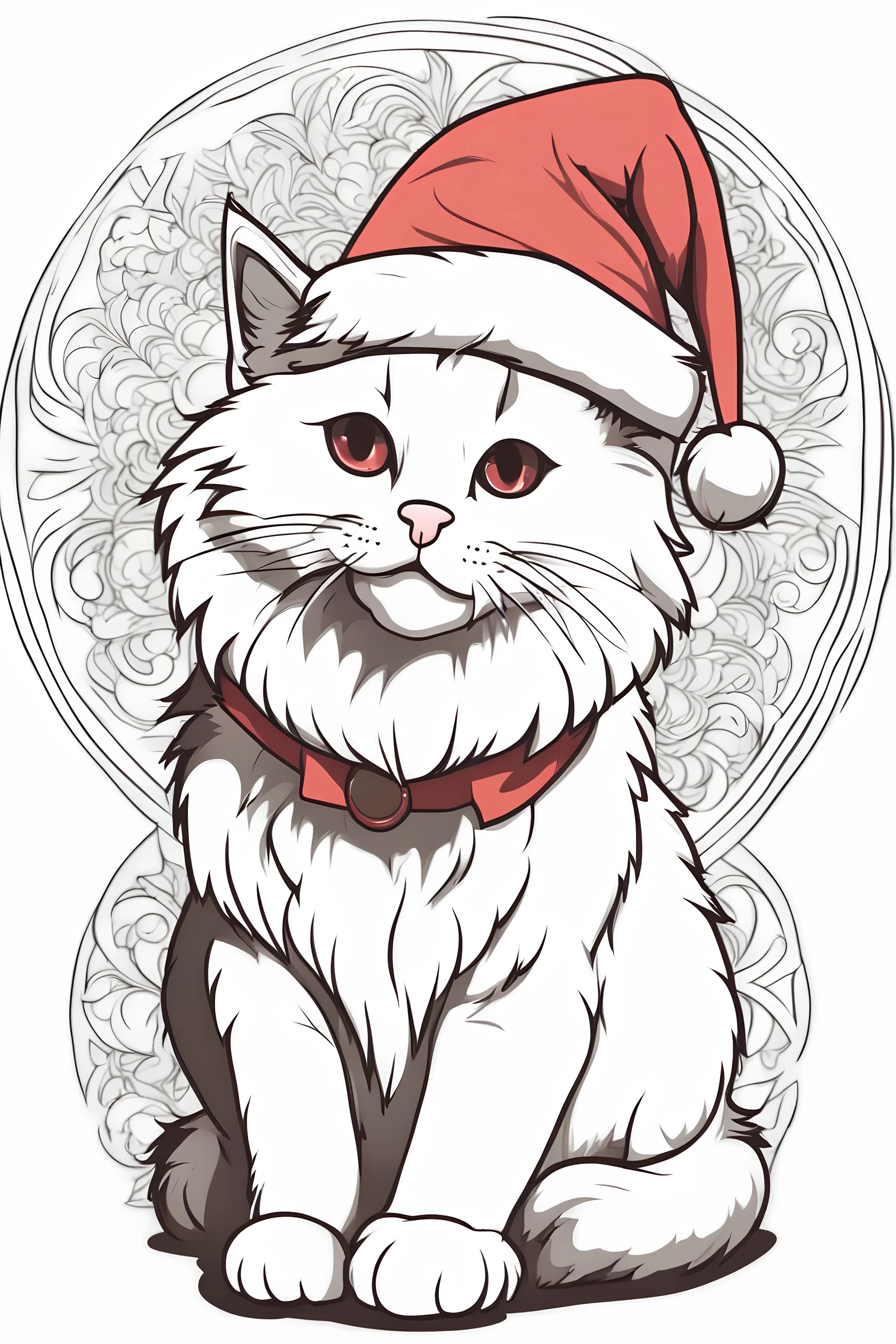 outline art for a cute fluffy cat with a Santa hat coloring page, white background, sketch style, full body, only use outline, Mandala style, clean line art, white background, no shadows and clear and well outlined