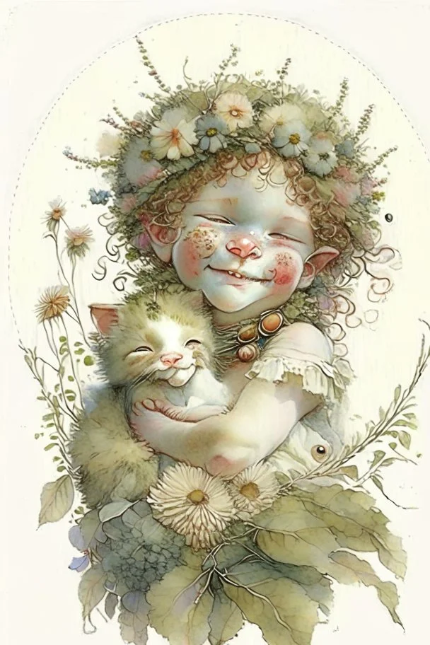 Artist Jean-Baptiste Monge style. A young toddler Elf child is smiling.pale skin.curly fine hair. round baby face. hugging her pet cat. her ears pointed. freckles across her nose and face. wreath of flowers in hair.