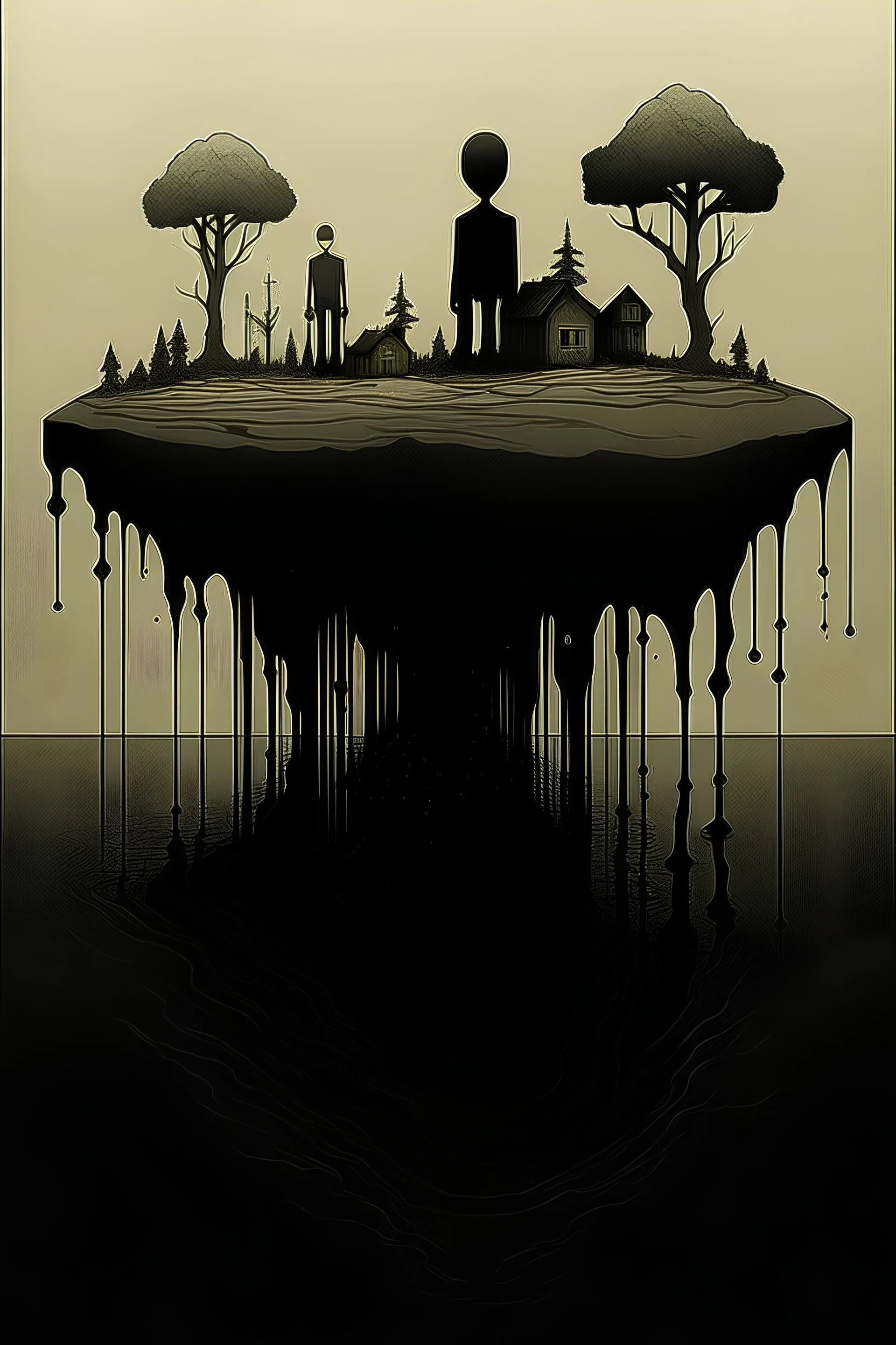 UPSIDE-DOWN world, reversed vertical, Gris Grimly and Magritte deliver a dark surreal masterpiece, muted colors, sinister, creepy, sharp focus, dark shines, upside-down, reversed vertical composition, upside-down picture