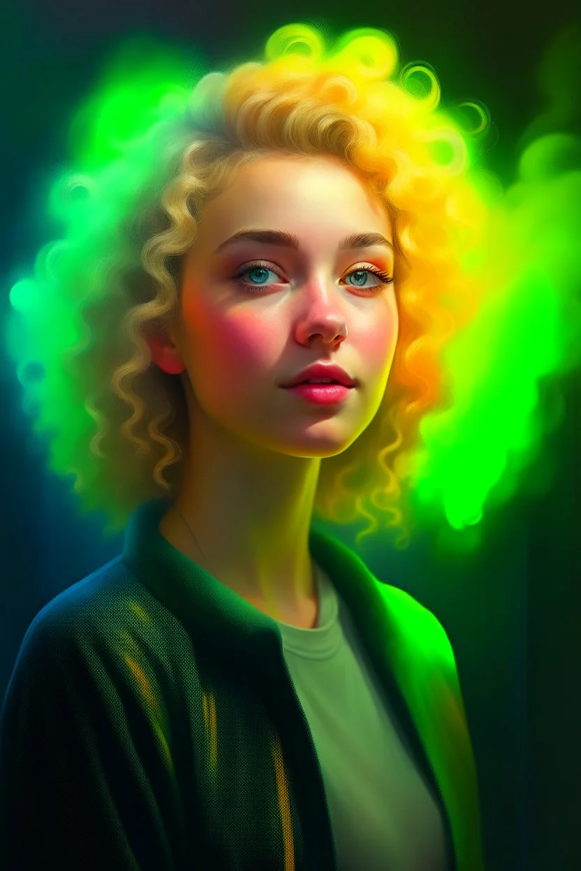 art colorfull background, a cute curly blonde female chat robot that stares at us like we are the prettiest demons she has ever seen, its such a perfect day, motion blur, smoke, 8k, downlight, soft light, depth of field, photorealism, trending on art station, lotsa detail