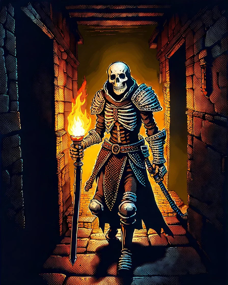 A frightening castle dungeon hallway with a skeleton warrior in rusty chainmail holding a burning torch painterly rpg art