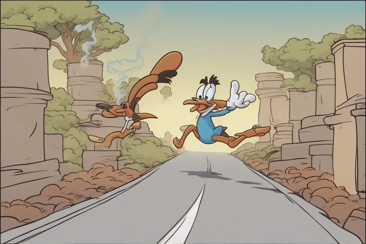 mostly sky, ground line at bottom, small cartoon road runner on the bottom right running towards the right side, leaving behind a puff of smoke. style of looney toons cartoon