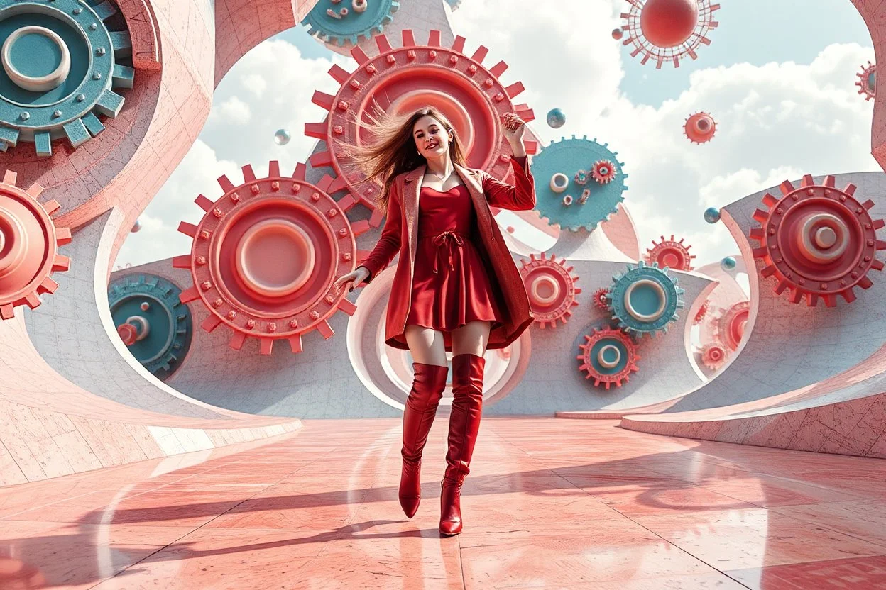 beautiful full body with long boots and modern dressed lady in surreal world made of recursive fractal random size modern geometrical structures ,color gears, full body happy dancing to camera