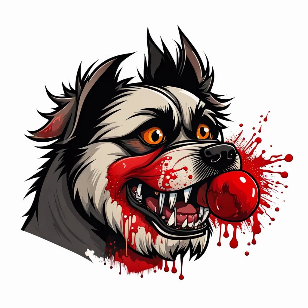 left side facing head of angry Terrier dog with blood shot eyes and bloodied teeth and bushy fur, a ball chain collar around neck, vector