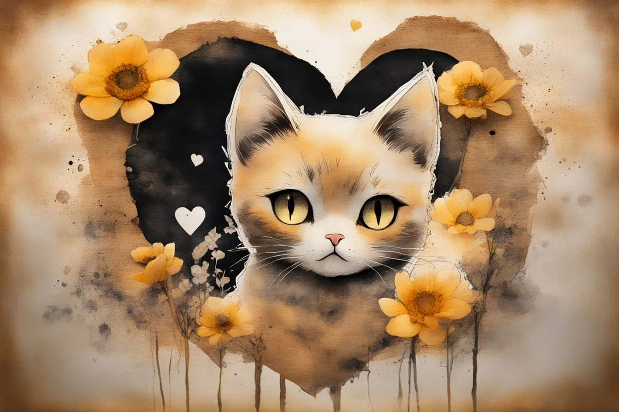 good night picture in ochre, double exposure, merged layers, burned burlap, cute chibi anime cat, beautiful surrealistic composition, melting watercolor and black ink on wet paper in sunshine, flowers, heart and love, ethereal, cinematic postprocessing