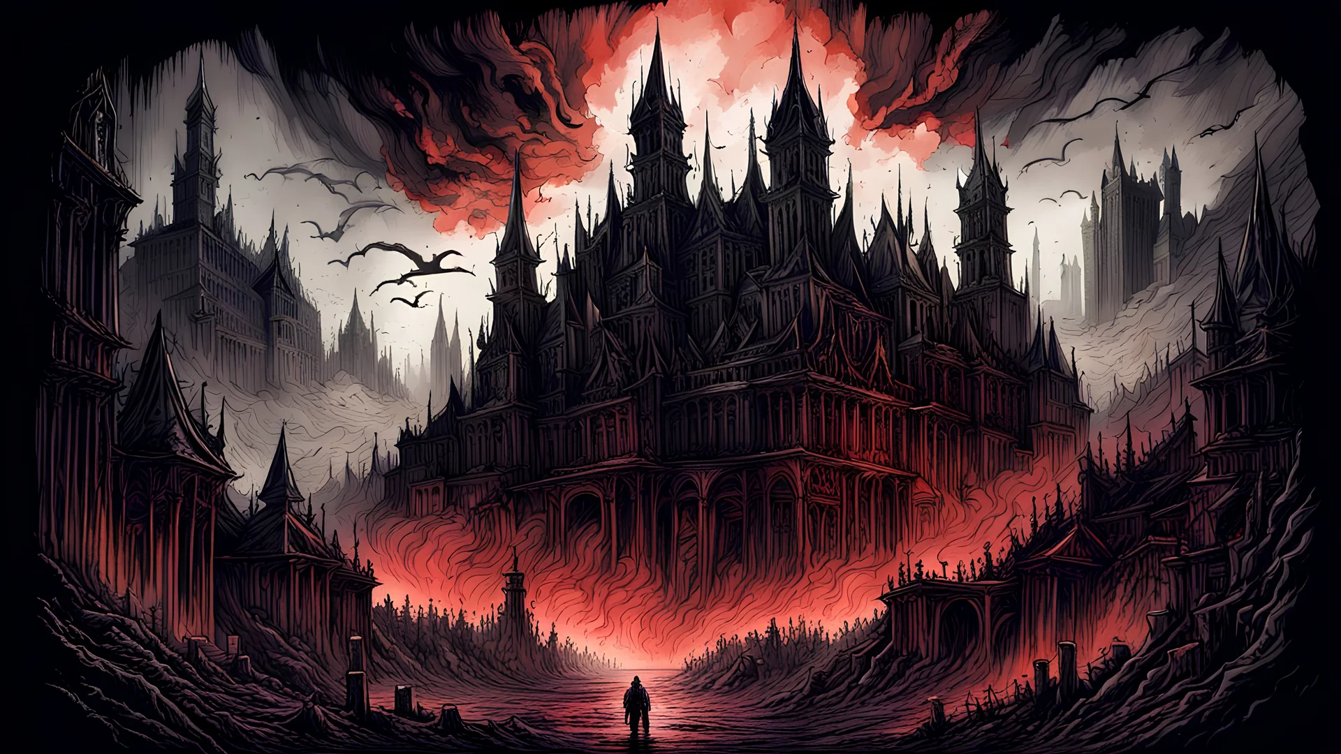 Pandemonium - The Capital Of Hell || horror landscape, in the styles of Dan Mumford and Ian Miller and Jason Barnett, gothic colors, ink wash, cinematic, insanely detailed, sharp focus