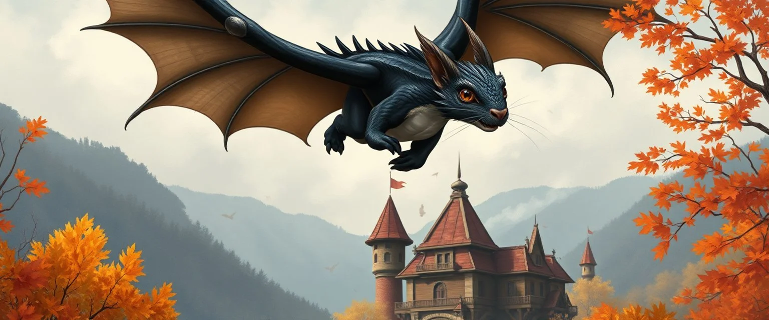 portrait of a shiny black dragon squirrel in autumn, flying above wooden castle, breathing smoke, book illustration
