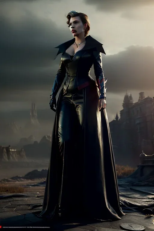 Scarlett Johansen as evil queen in black leather gown, cleavage, angry, stern look, unreal 5, octane render,cinema4d, dynamic lighting, dramatic lighting, 4k, redshift render, highly detailed, hyper realistic