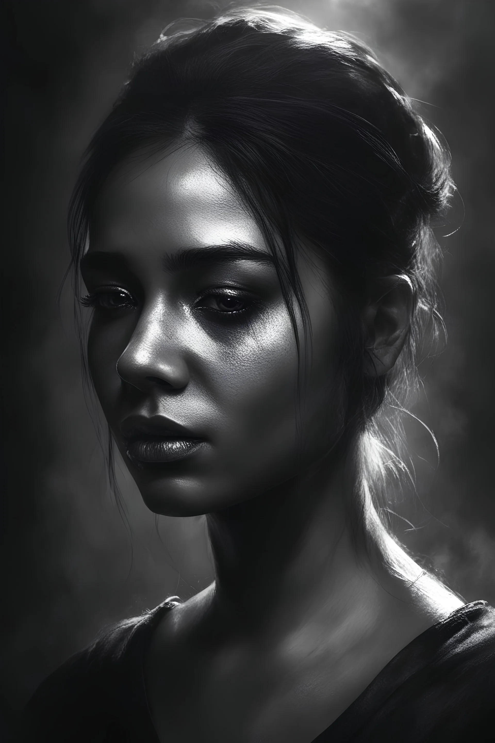 black,,portrait of a woman with black soot on her facepain and fear,,domestic violence victim, bruises,dramatic lighting, dramatic lighting, sharp focus, contrast, digital painting, artstation, concept art,