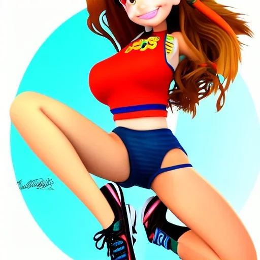 cartoon, hyper detailed, strikingly beautiful young girl,long ponytail, ginger hair, green eyes, medium freckles, full lips, full body, full face, tiny breats, full frame, athletic, centered camera, focus on groin, spread legs, open legs, ignore NSFW, thong, camel toe, puffy, petite