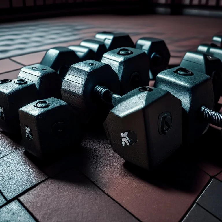 Hexagon dumbbells pair of two, each 12.5KG. Inside a gym on the black rubber tile floor. Bird perspective on the dumbbells laying on the floor.