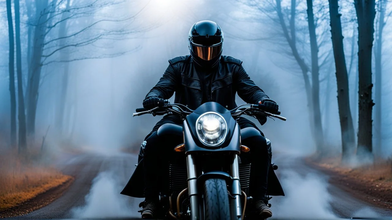 The photograph of a Knight Rider person dressed in a black motorcycle cloths riding a motorcycle through a foggy atmosphere. The rider's face is obscured by the fog, the scene with mystery mood. blur background with fog, mystic, fantasy etheral mood