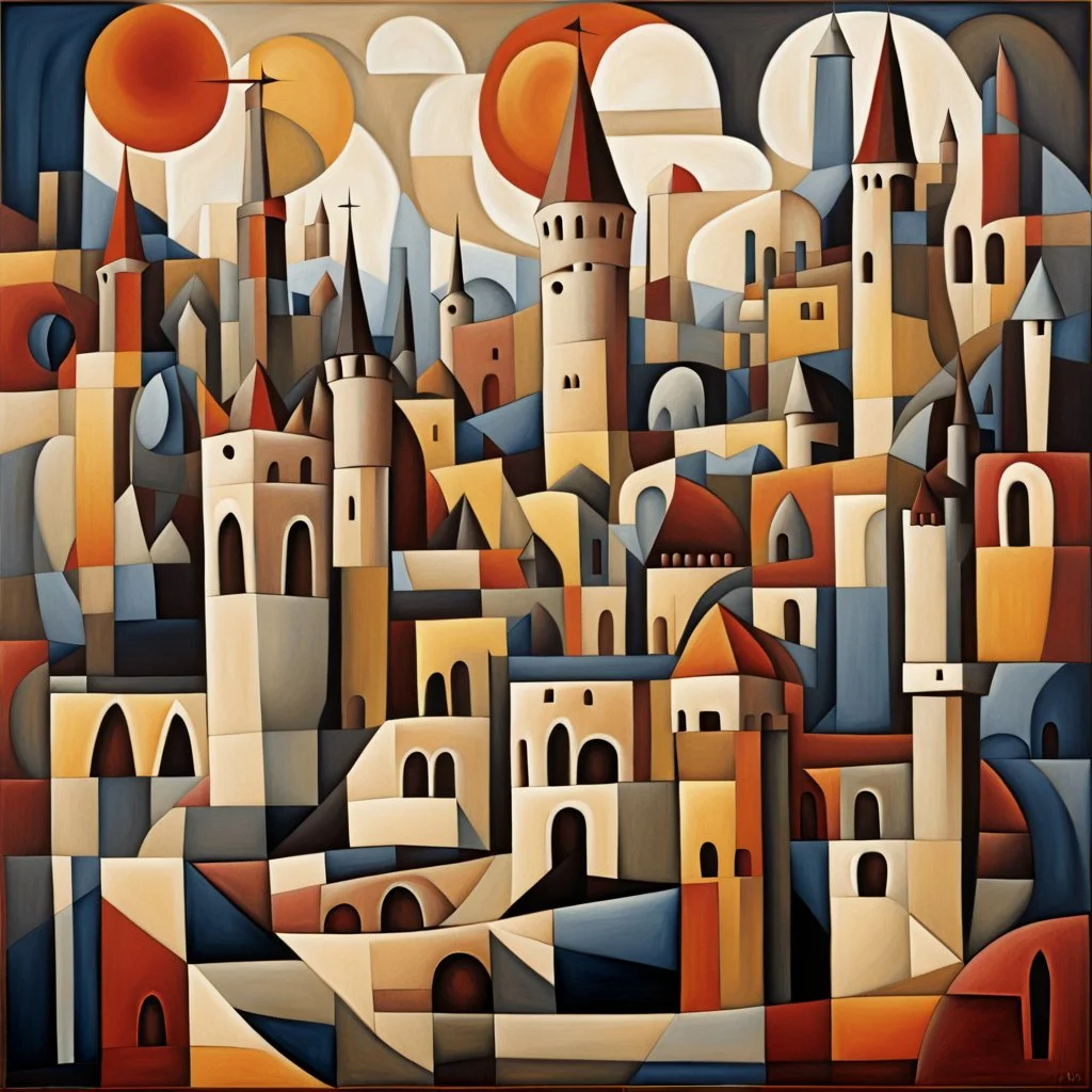 An abstract geometric painting depicting a landscape of an ancient medieval city with castles, towers, churches, vaults, culverts and bells in a very stylized and cubist way. The composition consists of various shapes, forms and geometric elements arranged to create the impression of buildings, structures and architectural elements in an urban landscape. The shapes and forms used in the painting are a combination of straight lines, angles, curves and circles, creating a sense of rhythm and mo