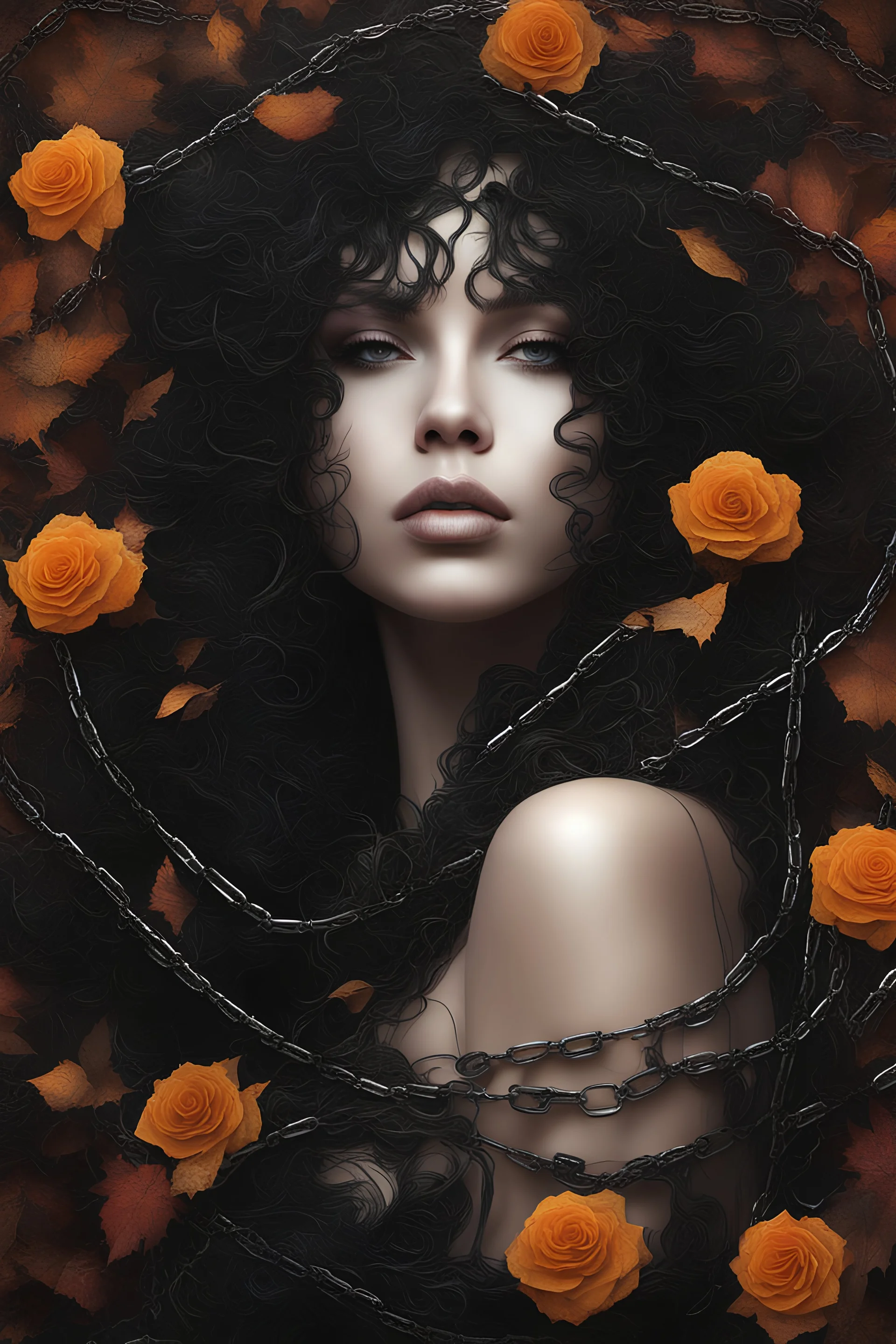 abstract creation of a beautiful girl with black curly hair, surrounded by black roses, wrapped in thick metal chains, glass petals on the ground, autumn and bright colours,dried out thorn bush, chaos,