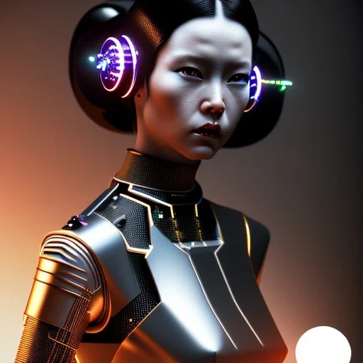 Cyber Woman, black hair, ceramic skin, geisha, cyberpunk, neon, highly detailed, art stations, concept art, smooth, unreal engine 5, god rays, ray tracing, RTX, lumen lighting, ultra detail, volumetric lighting, 3d, finely drawn, high definition, high resolution, gradient background