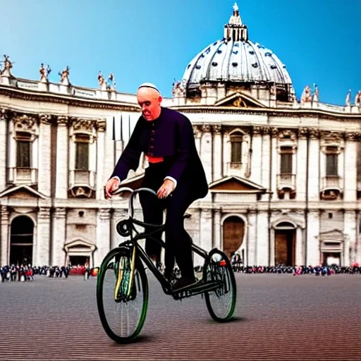 Pope riding bicycle, Rome, St Peter's basilica, photo realistic, 8k