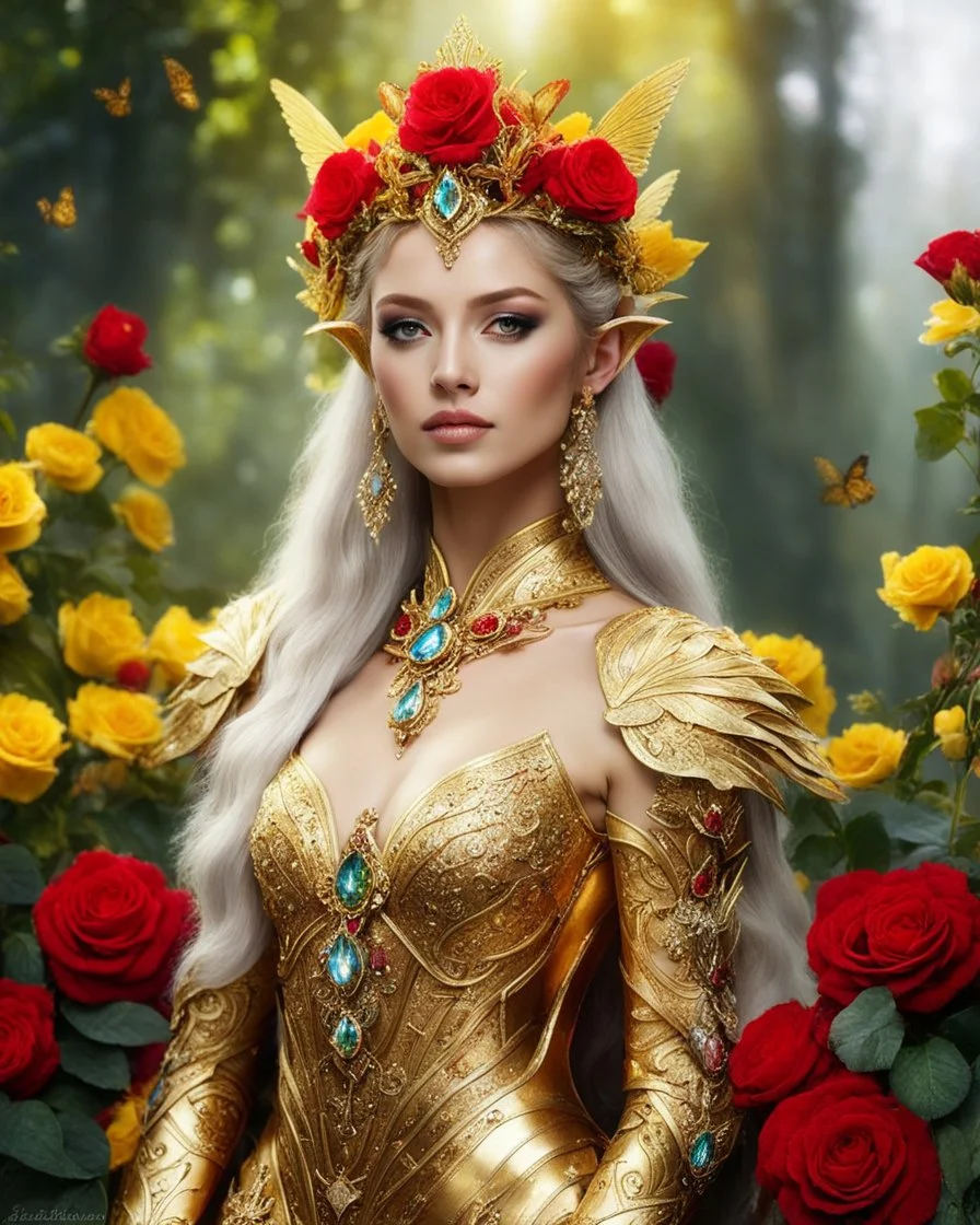 📷💃 length image full body gorgeous pretty super model girl as elven queen,floras crown,high details photo of luxury golden armor color designed made of flora flowers🌹 colors orchids and red,yellow,details color roses 🌹she using accessories luxurious diamonds jewelrys, flowers,surrounded 🌿🌿🌿leaves,so many surrounding butterflies, pretty face beauty colors make up cosmetic,bigbusty,perfect body,green leaves jungles background