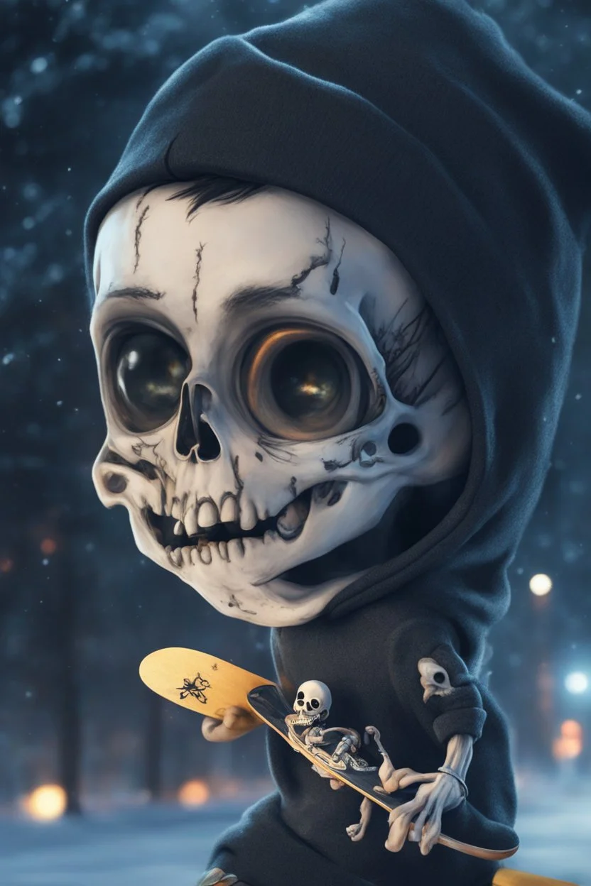 a cute animation boy, skateboarding , trendy hoody, 8 k, tim Burton skeleton style from the movie "night before Xmas", realistic animation, gothic