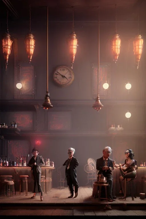 Waist up view cabaret scene, steampunk. old Asian man + little monkey, Sunglasses, smoking, happy, hot. Many people background, highly detailed, concept art, unreal engine 5, god rays, ray tracing, RTX, lumen lighting, ultra detail, volumetric lighting, 3d, finely drawn, high definition, high resolution.