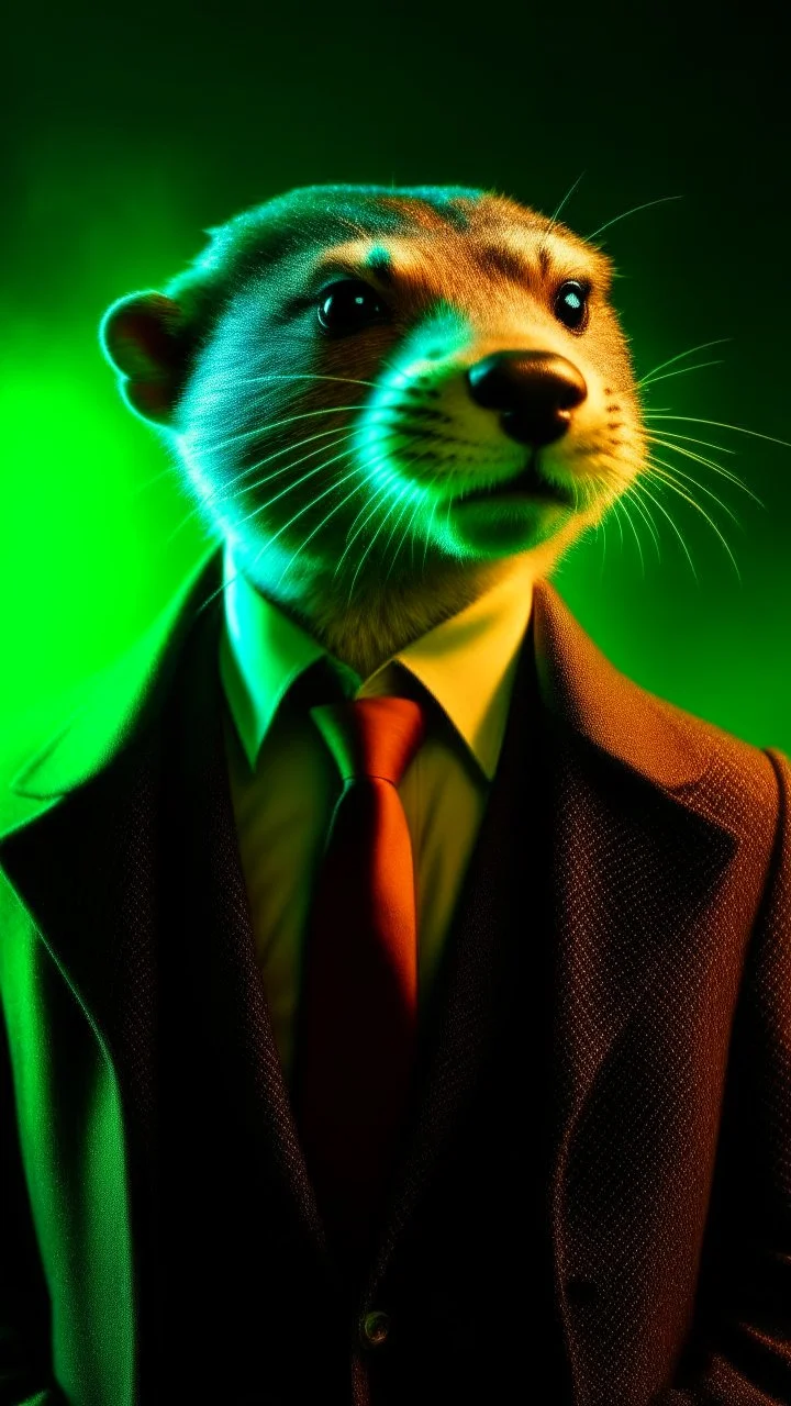 an otter in a brown blazer standing in front of smoke, backlit, in the style of gritty hollywood glamour, light brown and emerald, movie still, emphasis on facial expression