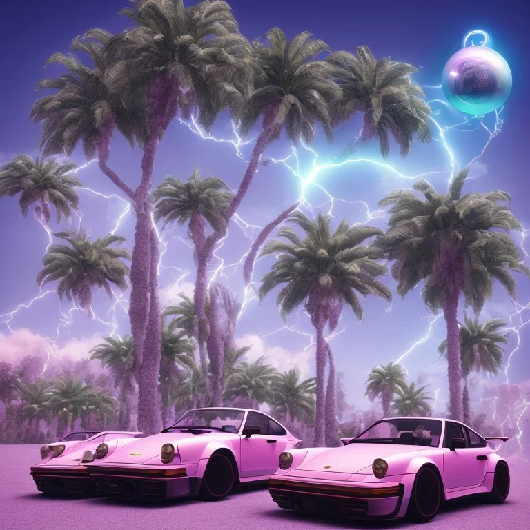 1980's aesthetic vaporwave palm trees and spheres and Porsche with lightning