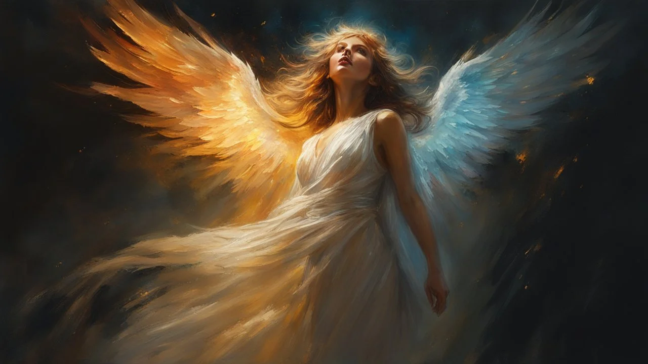 a female angel of light, divine creatures messengers of the kingdom of heaven, protectors. illuminated composed of fire and light. luminous beings with wings and halos, celestial beings.. detailed cinematography, sharp focus :: mysterious esoteric atmosphere :: matte digital painting by Jeremy Mann + Carne Griffiths + Leonid Afremov, black screen, dramatic shading, detailed face